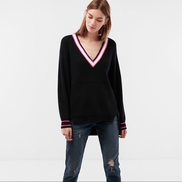 NWT Express Oversized Striped V-Neck Tunic Sweater - Picture 1 of 6